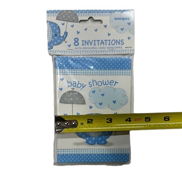 8 baby shower invitations. Blue and white with elephant on front. New in package - Picture 3 of 4